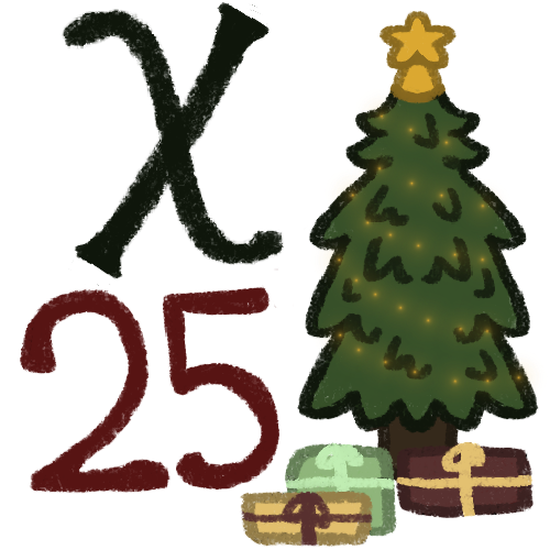 an image with three drawings in it. In the top left corner there is the greek character chi, which resembles an x. Below that is a red number 25. On the right side it has a christmas tree with presents underneath. 